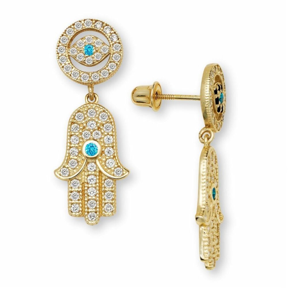 Real 14K Solid Yellow Gold Evil Eye Hamsa Hand Screw Back Dangle Earrings